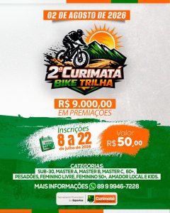 🚵‍♂️ VEM AÍ O 2º CURIMATÁ BIKE TRILHA! 🌄🔥 Prepare sua bike, reúna a equipe e venha viver uma experiência cheia de adrenalina, superação e muita emoção! 📅 Data: 02 de agosto de 2026 💰 Premiação: R$ 9.000,00 📝 Inscrições: de 08 a 22 de julho de 2026 🎟️ Valor: R$ 50,00 🏆 Categorias para todos os perfis: ✅ Sub-30 ✅ Master A, B e C ✅ 60+ ✅ Pesadões ✅ Feminino Livre ✅ Feminino 50+ ✅ Amador Local ✅ Kids 📲 Mais informações: (89) 99946-7228 Não fique de fora desse grande encontro do mountain bike! Marque seus amigos, garanta sua inscrição e venha fazer parte dessa aventura! 💚🚴‍♀️🚴‍♂️ #CurimatáBikeTrilha #MountainBike #MTB #Ciclismo #Esporte #Curimatá #Pedal #Aventura #BikeTrilha #Piauí